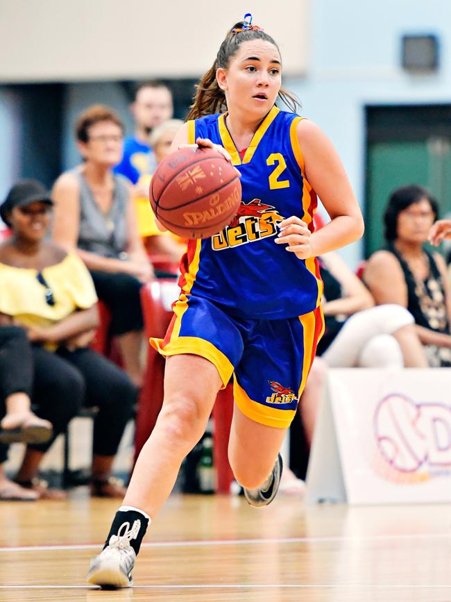 Star Tracy Village junior Erin Geer drives through the Eagles defence during the 2017 DBA Championship Grand Final. Picture: MICHAEL FRANCHI