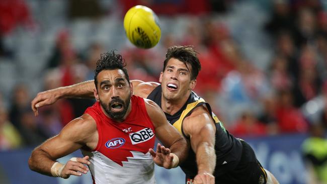 Sydney Swans' Adam Goodes and Richmond's Alex Rance during AFL match Sydney Swans v Richmond Tigers at ANZ Stadium. pic. Phil Hillyard