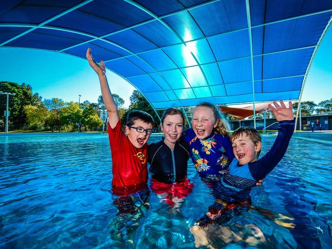 Cooper 6, Ashlyn 9, Bethany 8 and James 5. 25th September 2017. Waterworld reopens in early October,(AAP/ROY VANDERVEGT)