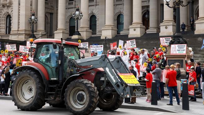 Protesters gather outside Victorian Parliament House to voice their opposition against a proposal to build transmission line towers across Western Victoria. Picture: Ian Currie.