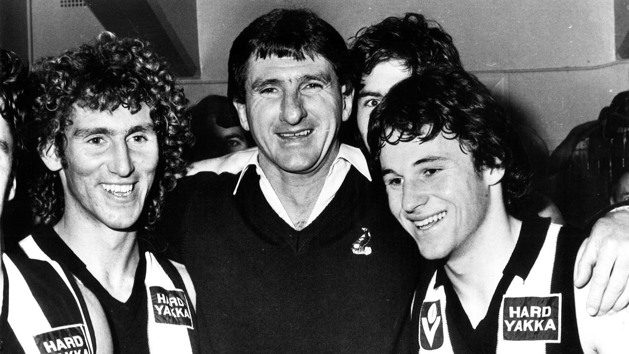 Peter Daicos (left), seen here with Collingwood coach Mick Erwin and Murray Browne in 1982, is an all-time great of the club.