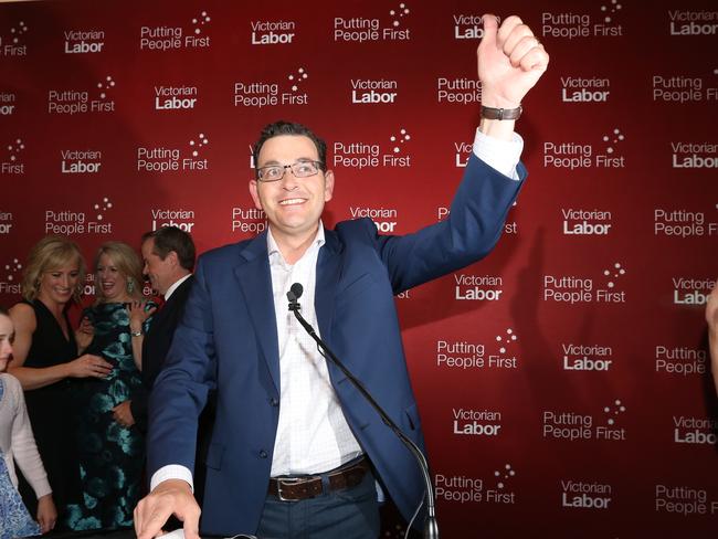 Daniel Andrews on stage at the Mulgrave Country Club at the end of the election night. Picture: Alex Coppel.