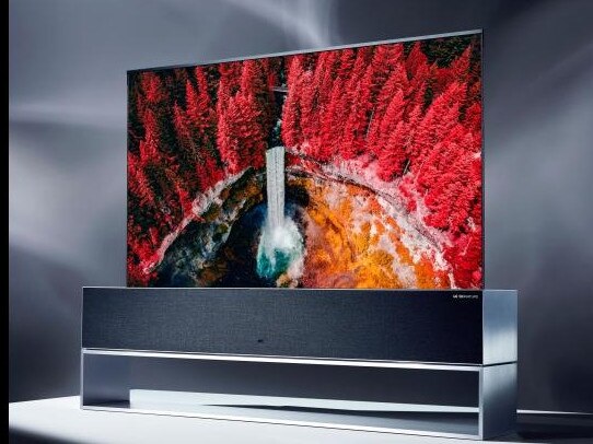 LG's fancy new TV, the screen of which rolls up out of view.