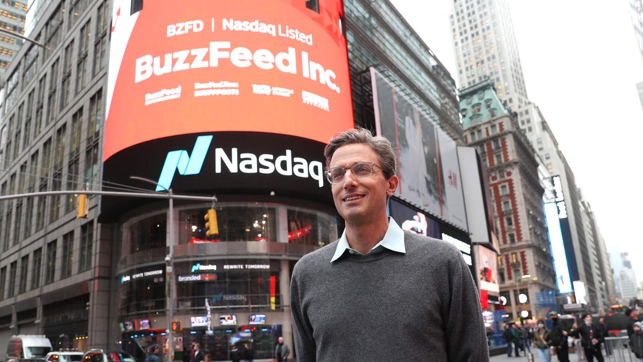 Founder and CEO Jonah Peretti poses in front of BuzzFeed screen on Times Square during BuzzFeed Inc.'s Listing Day at Nasdaq in New York City. Picture: Bennett Raglin/Getty Images North America/AFP