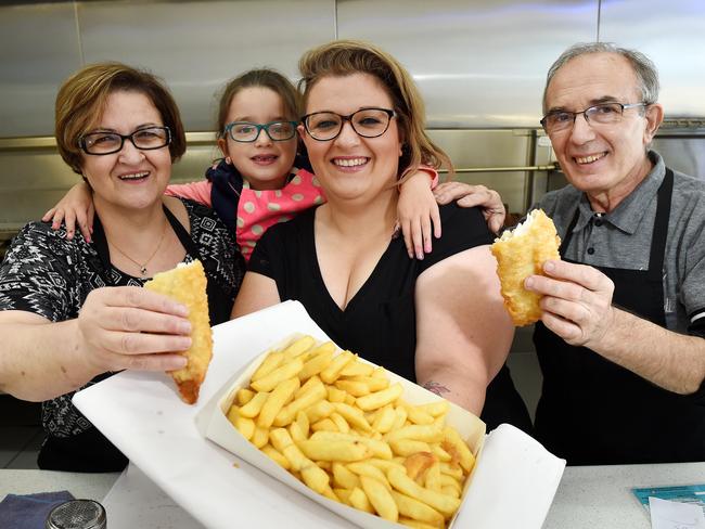 Gully Fish and Grill’s Effie Moraitis, her parents Stella and Peter, and her daughter Arianna. Picture: Steve Tanner.