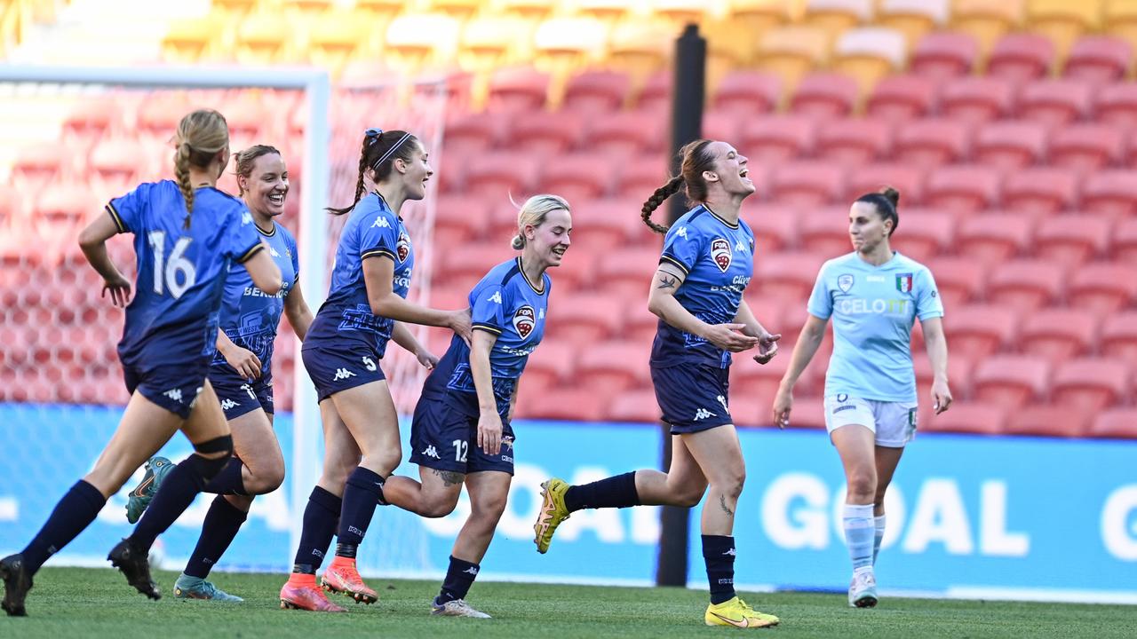 Abbey Lloyd celebrates her goal for the South West Queensland Thunder. Picture: DSL Photography