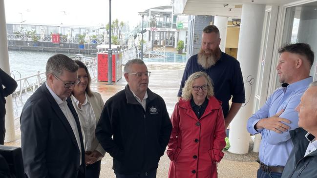 Federal Industrial Relations Minister Murray Watt (centre) in Newcastle on Friday Jan 17, 2025, with local minister Hunter MP Dan Repacholi (back), Paterson MP Meryl Swanson (second from left), Federal Newcastle MP Sharon Claydon (in red) and Member for Shortland Pat Conroy (left). Picture: Amy Ziniak