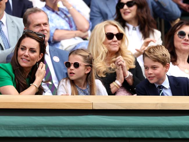 Princess Catherine attends the Wimbledon men’s final last year with Princess Charlotte and Prince George. Picture: Getty Images