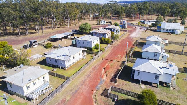 Aerial view over the houses of Allies Creek, 76km south of Mundubbera, built for the workers at the sawmill which closed in 2008. Photo: Lachie Millard