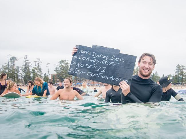 National protest organised by the Great Australian Bight Alliance at Manly Beach. Picture: Murray Fraser / Surfrider Foundation Northern Beaches.