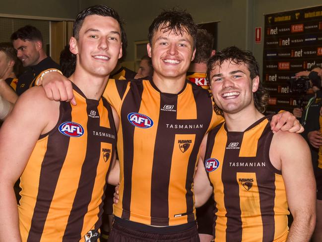 Connor Macdonald, Jack Ginnivan and Nick Watson have been at the forefront of Hokball. Picture: Simon Sturzaker/AFL Photos/via Getty Images.