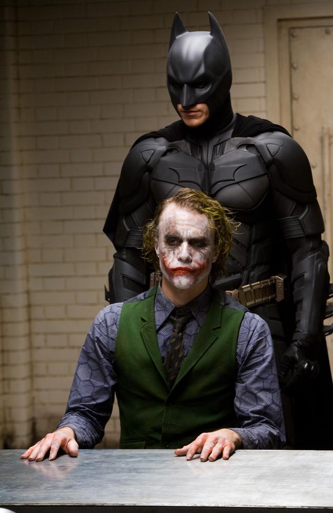 ‘Why so serious?’ Heath Ledger as the Joker, with Christian Bale as Batman in The Dark Knight. Picture: AP Photo/Warner Bros