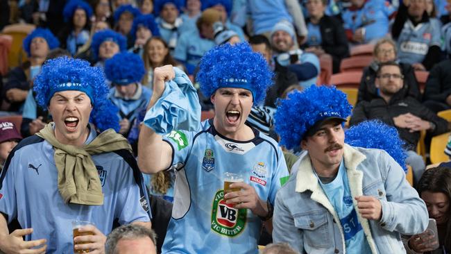 Blues fans at State of Origin game 3 at Suncorp Stadium. Picture by Luke Marsden.