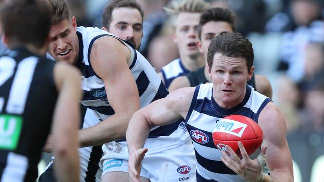 Geelong star Patrick Dangerfield will be among the gun midfielders battling it out in the Cats’ Round 1 clash with Collingwood. Picture: Alex Coppel