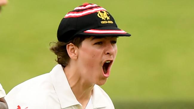 Alex Chandler of Moorabbin celebrates taking the wicket of RoryÃFreeman of Ormond during the VSDCA match between Moorabbin and Ormond at Moorleigh Community Village Reserve, on October 28, 2023, in Melbourne, Australia. (Photo by Josh Chadwick)