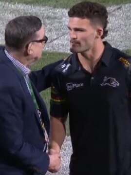 Cameras went to Nathan Cleary and Panthers Group CEO Brian Fletcher after Brian To'o had some fun in an interview at the halfback's expense. Picture: Fox League