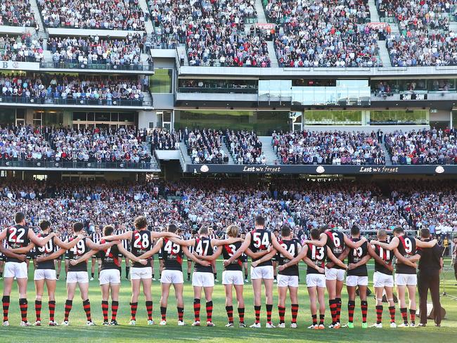 Brendon Goddard, second from right beside coach John Worsfold, is moved whenever he hears The Last Post. Pic: Getty Images