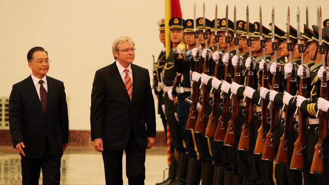 Then prime minister, Kevin Rudd, with Premier of the People's Republic of China, Wen Jiabao, inspect the honour guard at the Great Hall of People in Beijing in 2008.