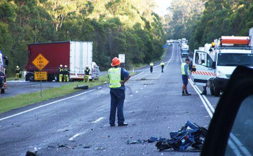 Debris was strew across both lanes of the Pacific Highway after a car and truck collided, killing a 60 year old man. Picture: Westpac Rescue Lifesaver Helicopter Service