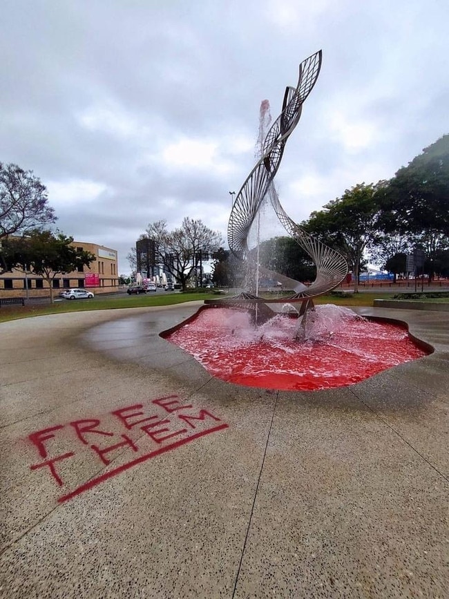 Protesters dye the fountains red. Picture: Facebook