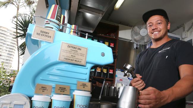 Marcus Wilkins of Nook Espresso makes coffee at his shop in Burleigh. Photo: Regi Varghese