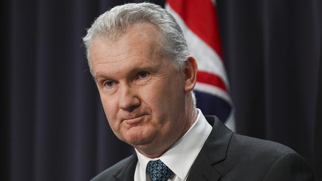 “Shocked” and angry employment and workplace relations minister, Tony Burke holds a press conference at Parliament House in Canberra. Picture: NewsWire / Martin Ollman