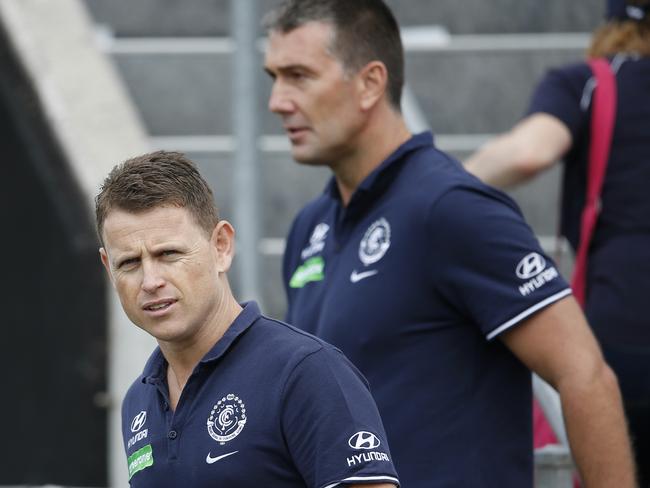 Carlton coach Brendan Bolton and list manager Stephen Silvagni. Picture: Michael Klein