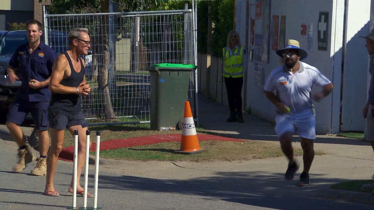 Tension flared at the cul-de-sac Block cricket pitch. Picture: Supplied, Channel 9