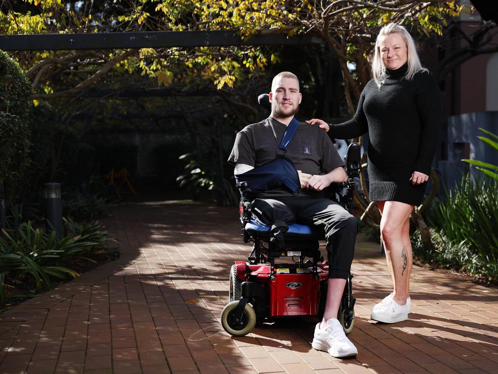 Blake Peterson with his mum Rhiannon Peterson who is helping him on the long road to recovery after a motobike crash in April. Picture: Rohan Kelly