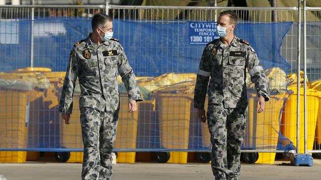 Two Australian Defence Force personnel outside an aged care home in Melbourne. Picture: Darrian Traynor/Getty Images