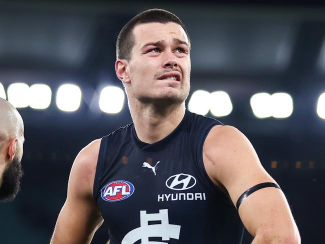 MELBOURNE, AUSTRALIA - JUNE 11: Jack Silvagni of the Blues looks dejected after a loss during the 2023 AFL Round 13 match between the Carlton Blues and the Essendon Bombers at the Melbourne Cricket Ground on June 11, 2023 in Melbourne, Australia. (Photo by Dylan Burns/AFL Photos via Getty Images)