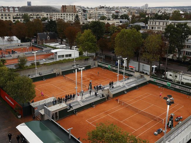 PARIS, FRANCE - SEPTEMBER 29: General view of courts 4 and 5 from Court Philippe Chatrier on day three of the 2020 French Open at Roland Garros on September 29, 2020 in Paris, France. (Photo by Clive Brunskill/Getty Images)