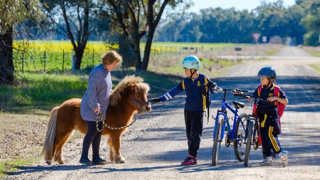 Omar his sister Nina pat a pony on the way to school. Picture: Simon Dallinger