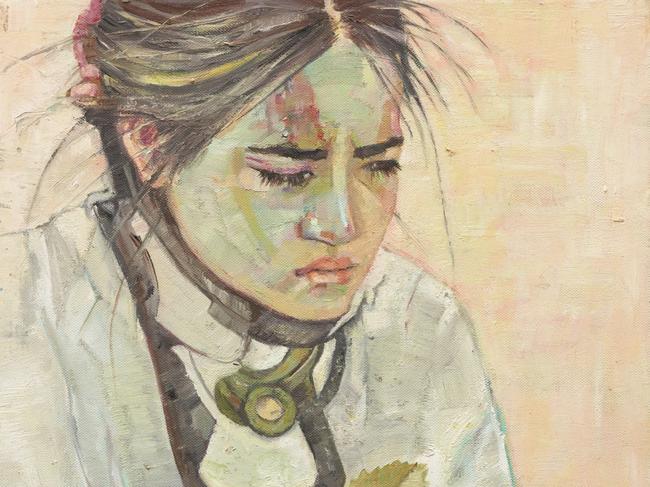 Archibald Prize 2021 finalist Pat Hoffie 'Visaya in a c-collar'  oil on canvas, 51 x 40.5 cm Â© the artist Photo: AGNSW, Mim Stirling   Sitter: Visaya Hoffie This image is embargoed till 12 noon on 27 May 2021.  ***This image may only be used in conjunction with editorial coverage of the 2020 Archibald Prize touring exhibition, 5 June 2021 â 26 September 2021 at the Art Gallery of New South Wales. This image may not be cropped, overwritten or used for marketing purposes without prior permission. Prior approval required in writing for use as a cover. Caption details must accompany reproduction of the image. *** Media contact: sarah.shields@ag.nsw.gov.au *** Local Caption *** This image is embargoed till 12 noon on 27 May 2021.  ***This image may only be used in conjunction with editorial coverage of the 2020 Archibald Prize touring exhibition, 5 June 2021 â 26 September 2021 at the Art Gallery of New South Wales. This image may not be cropped, overwritten or used for marketing purposes without prior permission. Prior approval required in writing for use as a cover. Caption details must accompany reproduction of the image. *** Media contact: sarah.shields@ag.nsw.gov.au