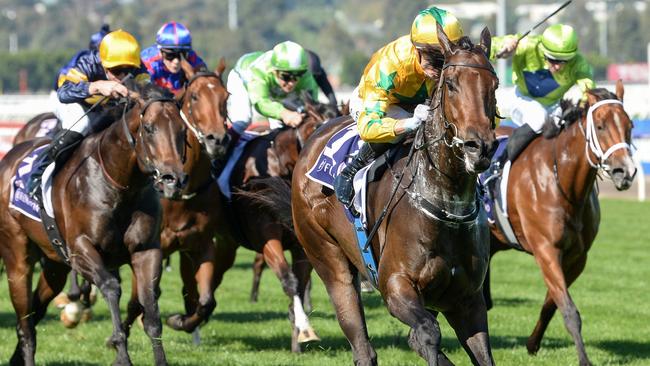 Estriella ridden by Blake Shinn wins the Sunlight Classic at Flemington Racecourse on March 30, 2024 in Flemington, Australia. (Photo by Ross Holburt/Racing Photos via Getty Images)