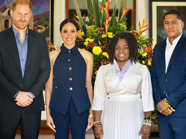 Prince Harry and his wife Meghan with Colombian Vice President Francia Marquez and her husband Yernei Pinillo in Bogota. Picture: Colombian Vice-Presidency / AFP