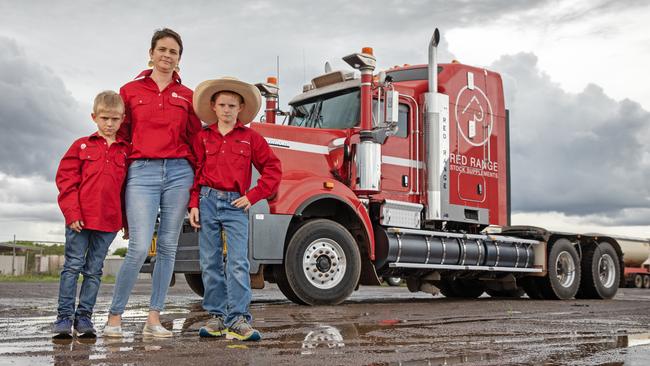 Red Range Stock Supplements co-owner Sophie Cooke, with sons Ben and Tom, in the east Kimberley town of Kununurra, Western Australia. Picture: Nathan Dyer