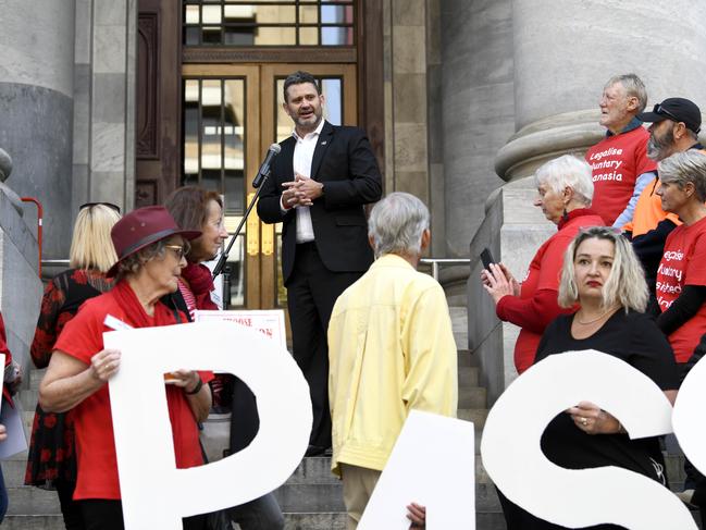 Kyam Maher speaks to the pro-euthanasia rally on the steps of Parliament House on Wednesday. Picture: Naomi Jellicoe