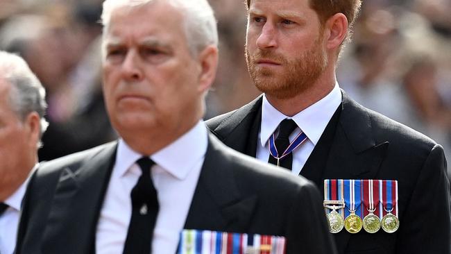 Prince Andrew and Prince Harry march from Buckingham Palace to Westminster Hall on Wednesday. Picture: AFP