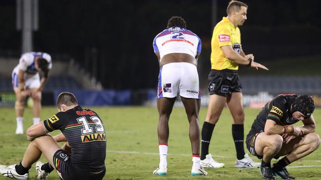 Players were out on their feet at the end of Penrith and Newcastle’s 90-minute draw. Picture: Getty Images