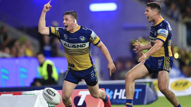 Reed Mahoney, left, and Mitchell Moses in action for the Parramatta Eels in March before the NRL season was suspended. Picture: AAP