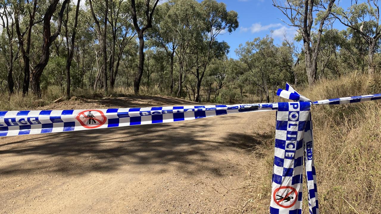 Police tape sealing off Shannonvale Rd about 3km from crime scene where Mervyn and Maree Schwarz and Graham Tighe were shot and killed at Bogie, Central Queensland.