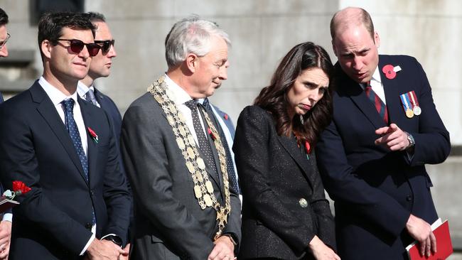 Prince William (R) and New Zealand Prime Minister Jacinda Ardern (2nd R) attend the Anzac Day service at Auckland War Memorial Museum.