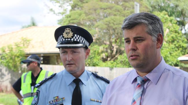 Queensland Police Service Chief Superintendent Mark Wheeler and Minister for Police Mark Ryan speaking at an RBT site at Nerang. Picture: Luke Mortimer