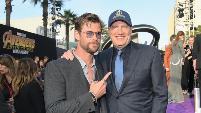 Actor Chris Hemsworth and President of Marvel Studios and Producer Kevin Feige attend the Los Angeles Global Premiere of Avengers: Infinity War in 2018 in Hollywood.