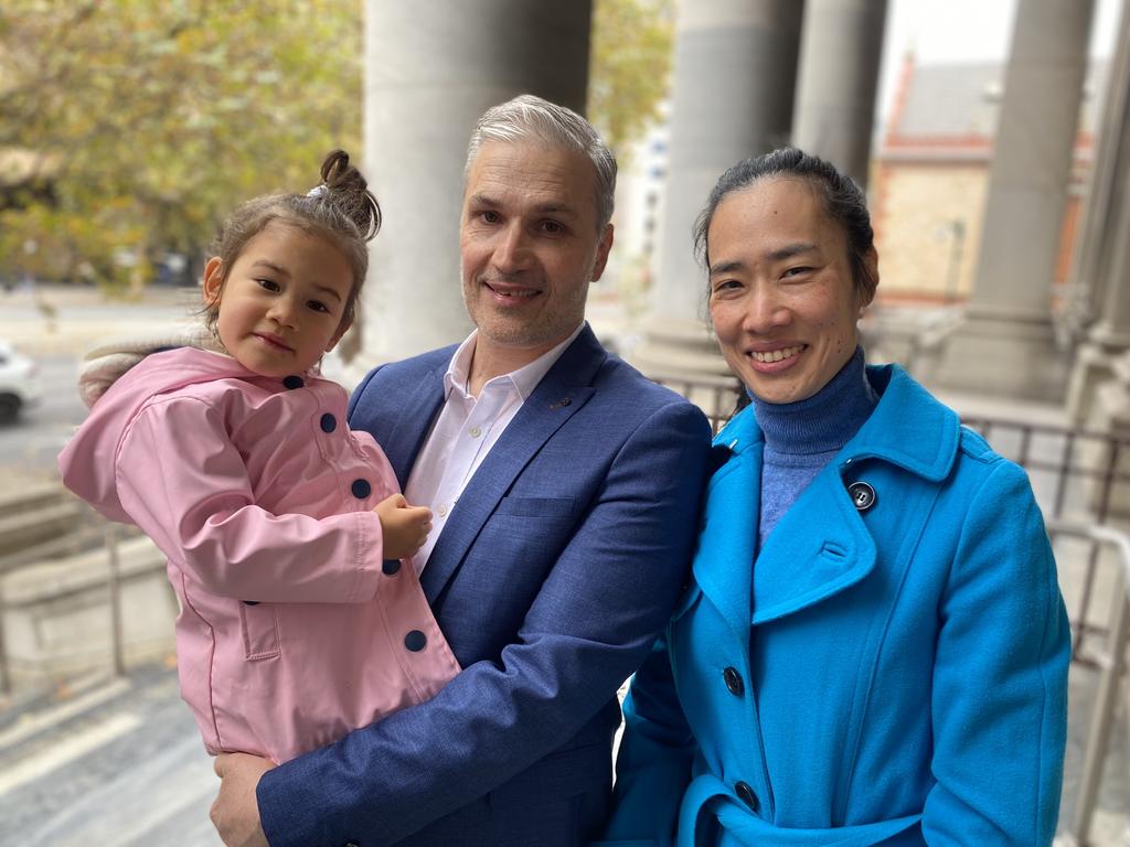 Greens candidate in Bragg Jim Bastiras, with his wife Tsun Wu and daughter Artemis, 3. Picture: Kathryn Bermingham