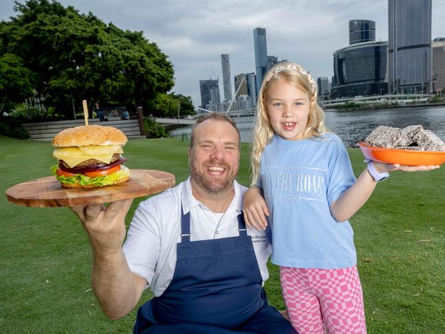 Chef Jake Nicolson with three-year-old Monte and eight-year-old Alba at South Bank, Brisbane, Friday, January 24, 2025 - Picture: Richard Walker