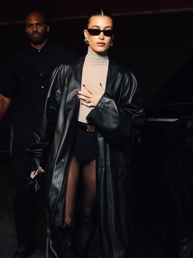 Hailey Bieber was also quick to jump on the pants, well, in this case, pantless trend. Picture: BackGrid