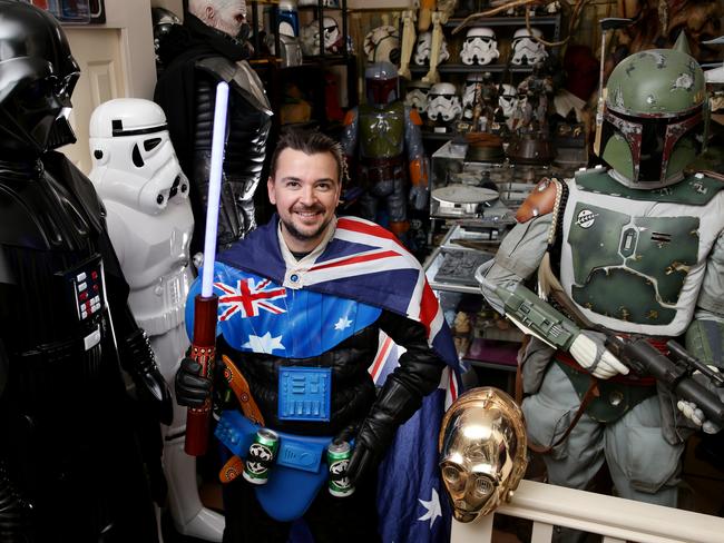 Known as Aussie Darth Vader, Mick regularly travels overseas to collectors events and his costume has helped him meet some huge stars. Picture: Jonathan Ng