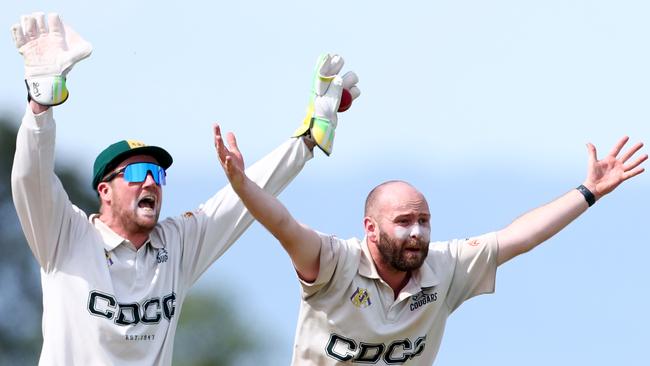 Carrum Downs wicketkeeper Brad Lockhart (left) and bowler Jordy Watters appeal unsuccessfully for a wicket on Saturday. (Photo by Josh Chadwick)